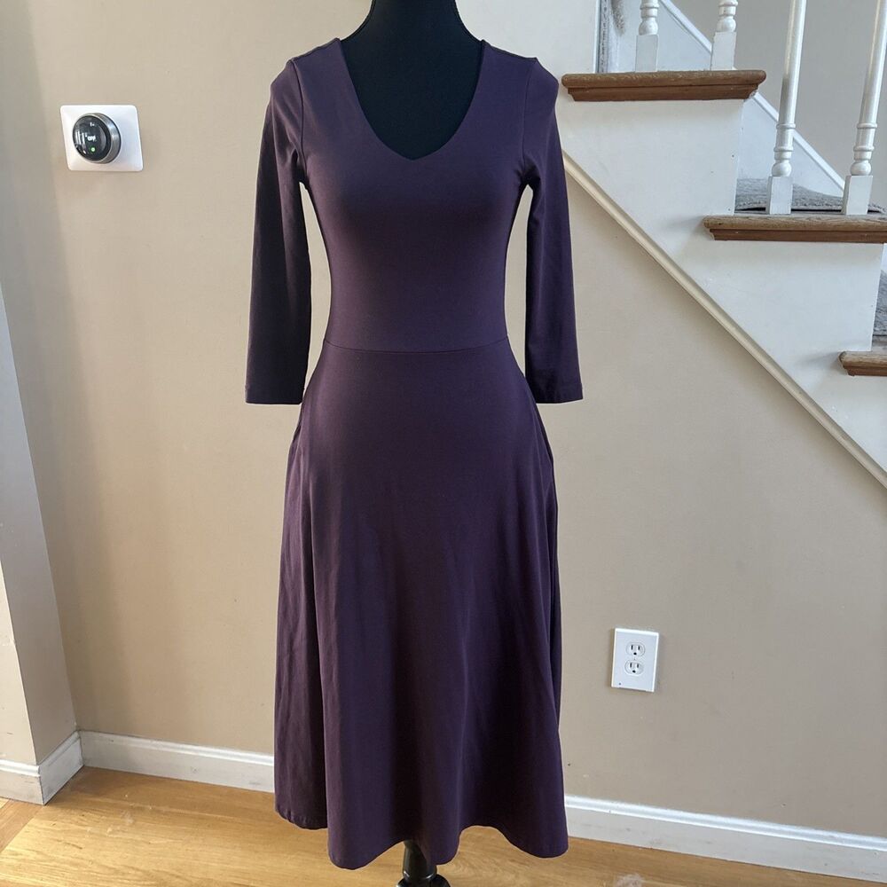 Women’s Pact Purple Organic Cotton Fit & Flare Dress Size XS 3/4 Sleeve W Pocket
